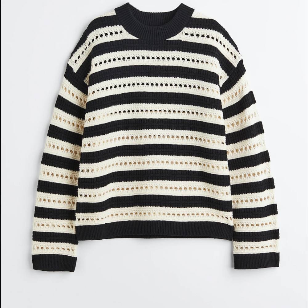 H&M Oversized Pointelle Striped Black and Cream Women's Sweater